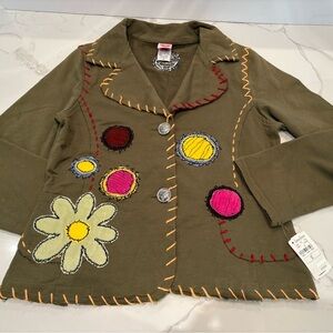 Kids Olive Green Embroidered Flower Jacket